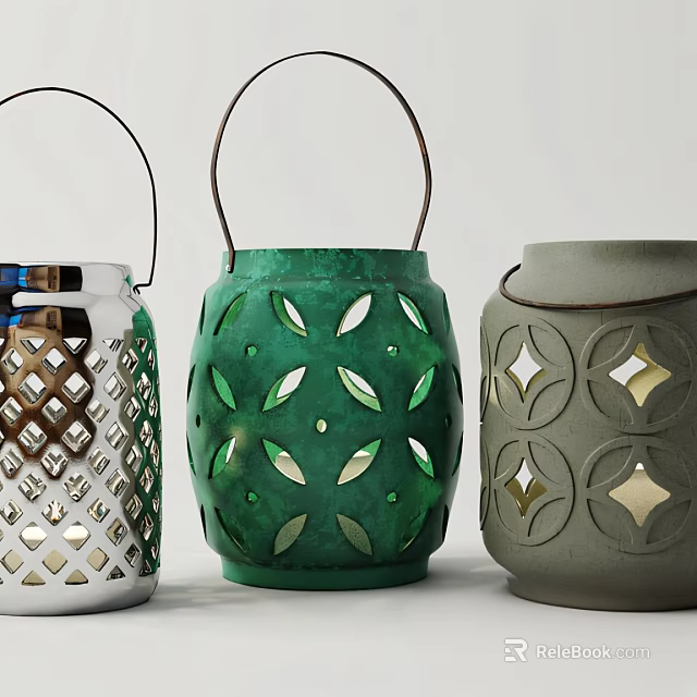 Decorative Candle Lanterns with Perforated Cutout Patterns and Assorted Designs for Home Decor 3d model