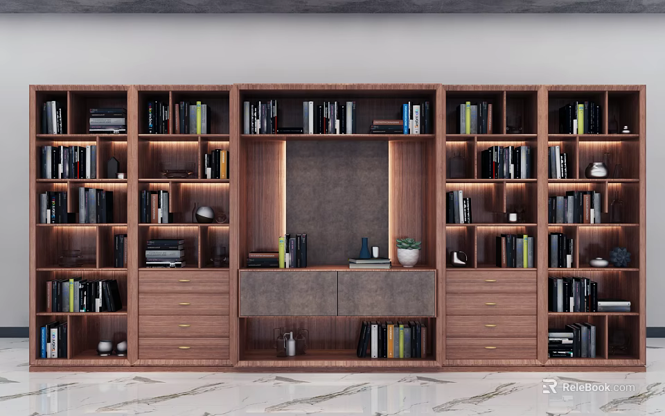 Modern Wooden Bookcase With Multiple Compartments Drawers And Decorative Plant Items 3d model 