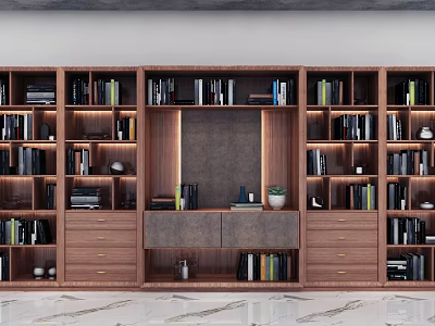 Modern Wooden Bookcase With Multiple Compartments Drawers And Decorative Plant Items 3d model