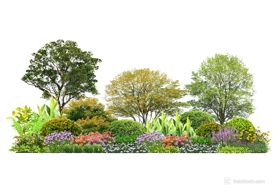 Colorful Flower and Plant Garden with Blooms Green Shrubs and Various Trees 3d model 
