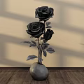 Elegant Floral Display Featuring Black Roses in Silver Vase on Wooden Floor with Shadow Effects