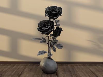 Elegant Floral Display Featuring Black Roses in Silver Vase on Wooden Floor with Shadow Effects 3d model