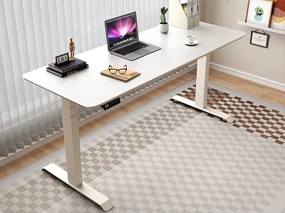 White Height Adjustable Desk With Laptop Books Coffee Cup And Geometric Rug 3d model