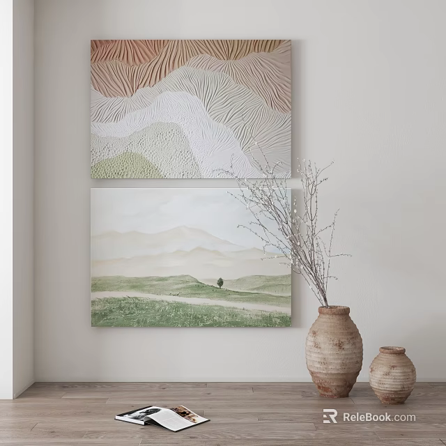 Abstract Painting with Wavy Textures and Green Mountain Views on White Wall with Decorative Vases 3d model 