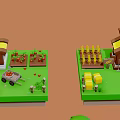Cartoon Farm Scenes With Windmill Cottages Animals Tractor Barn Pond And Plants
