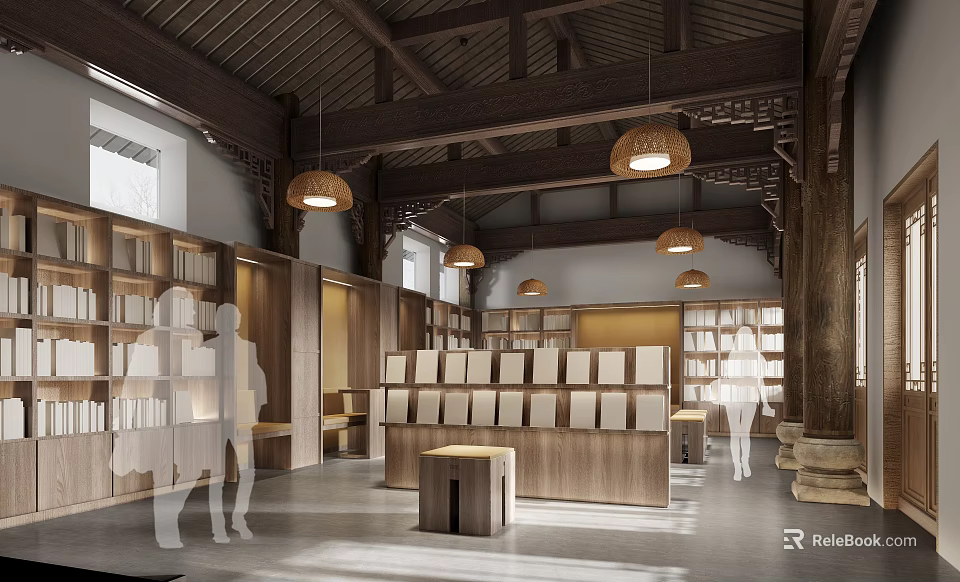 Book Art Interior Design With Traditional Wooden Shelves Hanging Lamps And Reading Space 3d model 