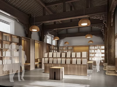 Book Art Interior Design With Traditional Wooden Shelves Hanging Lamps And Reading Space 3d model