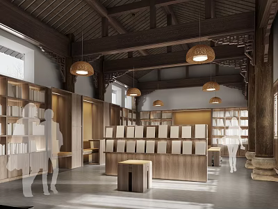 Book Art Interior Design With Traditional Wooden Shelves Hanging Lamps And Reading Space 3d model