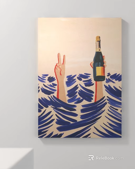 Artwork Painting Featuring Two Hands in Blue Waves Holding Champagne Bottle and Peace Sign 3d model 