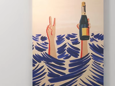 Artwork Painting Featuring Two Hands in Blue Waves Holding Champagne Bottle and Peace Sign 3d model