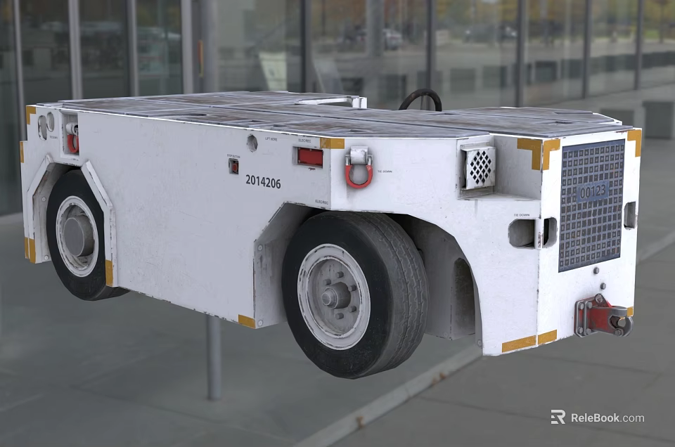 White Industrial Utility Vehicle With Large Wheels Yellow Reflective Strips And Red Hook 3d model 