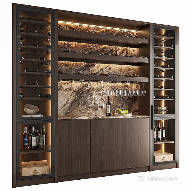 Luxury Wine Cabinet With Marble Background Wooden Cabinets Hanging Glasses Stored Bottles And Warm Lighting 3d model 