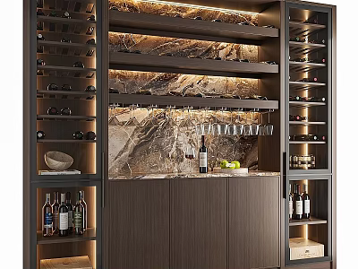 Luxury Wine Cabinet With Marble Background Wooden Cabinets Hanging Glasses Stored Bottles And Warm Lighting 3d model