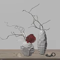 Elegant Textured White Vases With Dried Branches Red Bloom And Decorative Stones On Wooden Table