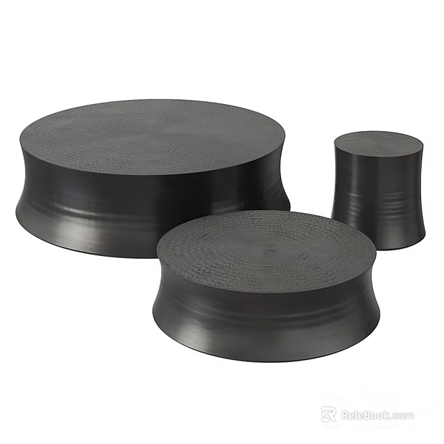Modern Three Black Round Coffee Tables With Textured Surface And Various Sizes 3d model