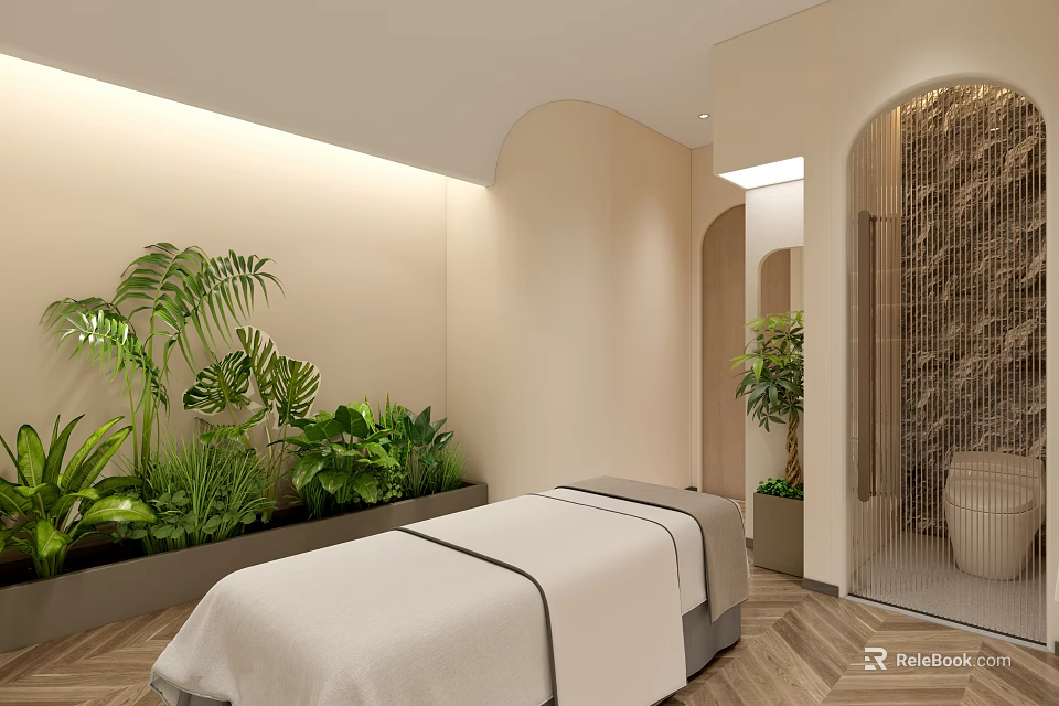 Serene SPA Sauna Room With Massage Bed Green Plants And Arched Design 3d model 