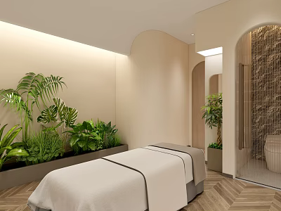 Serene SPA Sauna Room With Massage Bed Green Plants And Arched Design 3d model