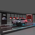 Modern Car Showroom Display With Silver Yellow Cars Glass Cases And Bright Lighting Elements