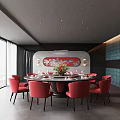 Modern Private Dining Room With Round Dining Table Red Chairs Decorative Painting And Large Windows