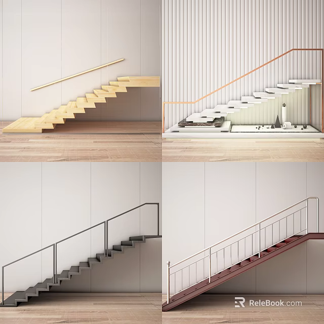 Various Modern Stairs Interior Design With Wooden White Dark Red Steps And Metal Railings 3d model 