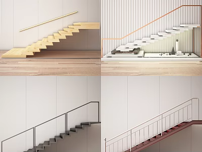 Various Modern Stairs Interior Design With Wooden White Dark Red Steps And Metal Railings 3d model