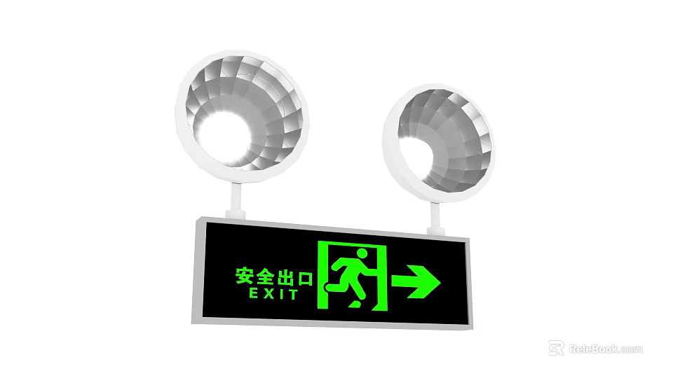 Public Facility Emergency Exit Sign With Green Indicator Running Figure Right Arrow And Top Lights 3d model 