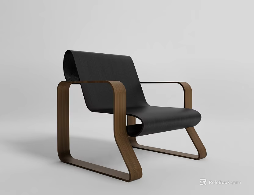 Modern Leisure Chair With Black Leather Back Brown Wooden Frame And Sleek Armrests 3d model 