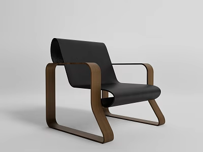 Modern Leisure Chair With Black Leather Back Brown Wooden Frame And Sleek Armrests 3d model