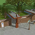 Public Restroom With Wooden Exterior Signage Trees And Stone Foundation Entrance