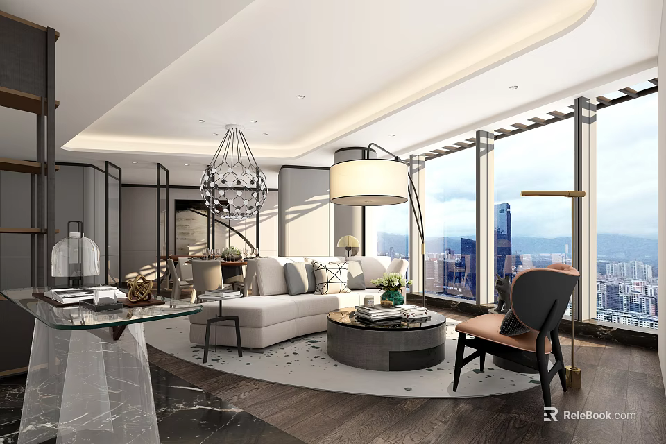 Modern Living Room Interior With Large Windows City View Sofa Chandelier And Coffee Table 3d model 