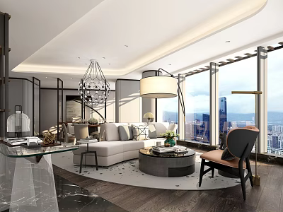 Modern Living Room Interior With Large Windows City View Sofa Chandelier And Coffee Table 3d model