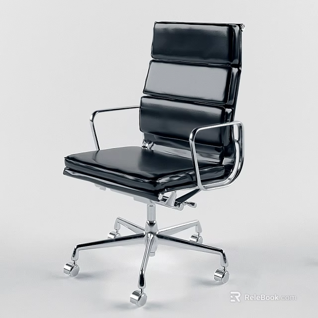 Modern Black Leather Office Chair With Silver Metal Frame And Rolling Wheels 3d model 