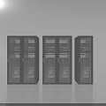 Three Data Center Server Racks With Glass Doors And Blue Lit Internal Equipment
