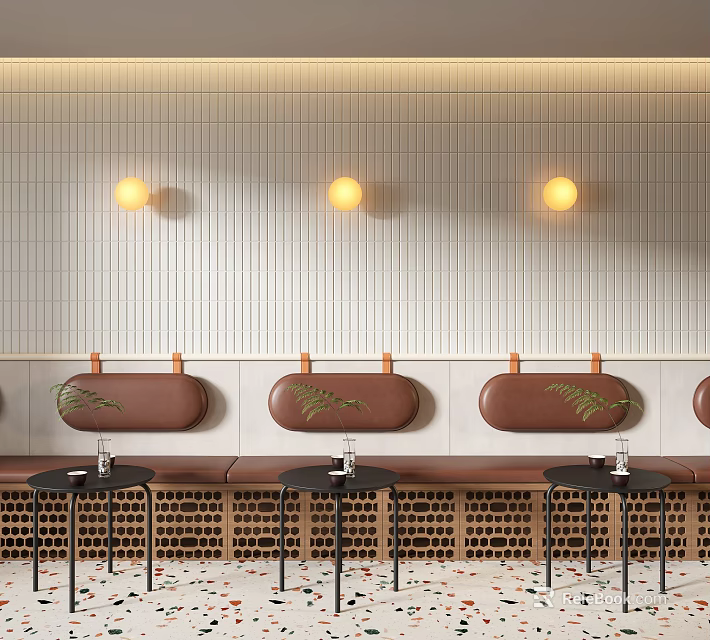 Public Chairs With Brown Seats Striped Wall Round Lights Plant Decorations And Small Black Tables 3d model 