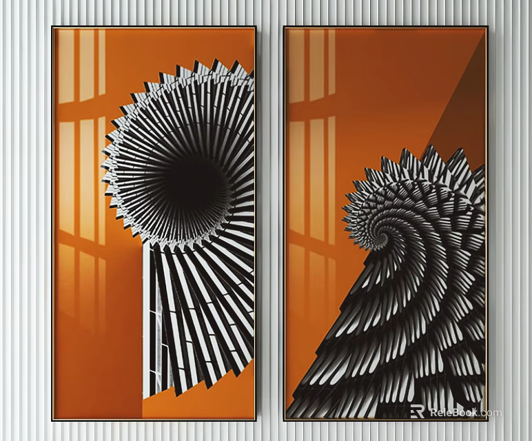 Two Panel Abstract Wall Art With Orange Background And Black White Spiral Design 3d model 