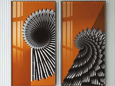 Two Panel Abstract Wall Art With Orange Background And Black White Spiral Design 3d model
