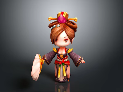 Cartoon Style Woman In Traditional Outfit With Decorated Hair Bun And Fan 3d model