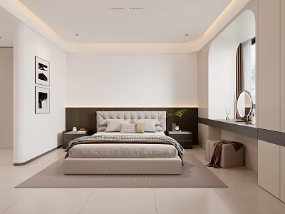 Modern Bedroom Interior With Bed Headboard Nightstands Artwork Vanity Mirror And Rug 3d model