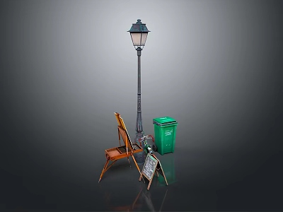 Wooden Outdoor Chair With Small Chalkboard Green Trash Bin And Lamp Post 3d model