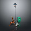 Wooden Outdoor Chair With Small Chalkboard Green Trash Bin And Lamp Post