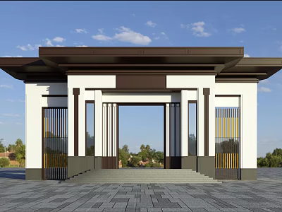 Modern Chinese Style Entrance Gate With White Walls Dark Roof And Lattice Design 3d model