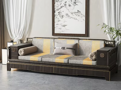 Traditional Chinese Style Three Seater Sofa With Carved Armrests And Decorative Pillows In Living Room 3d model