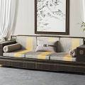 Traditional Chinese Style Three Seater Sofa With Carved Armrests And Decorative Pillows In Living Room