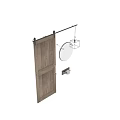 Wooden Barn Door Interior With Round Mirror And Towel Holder