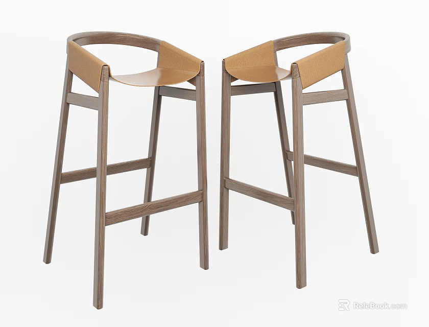 Modern Bar Stools Set Of Two With Wooden Frame And Leather Upholstered Seats 3d model 