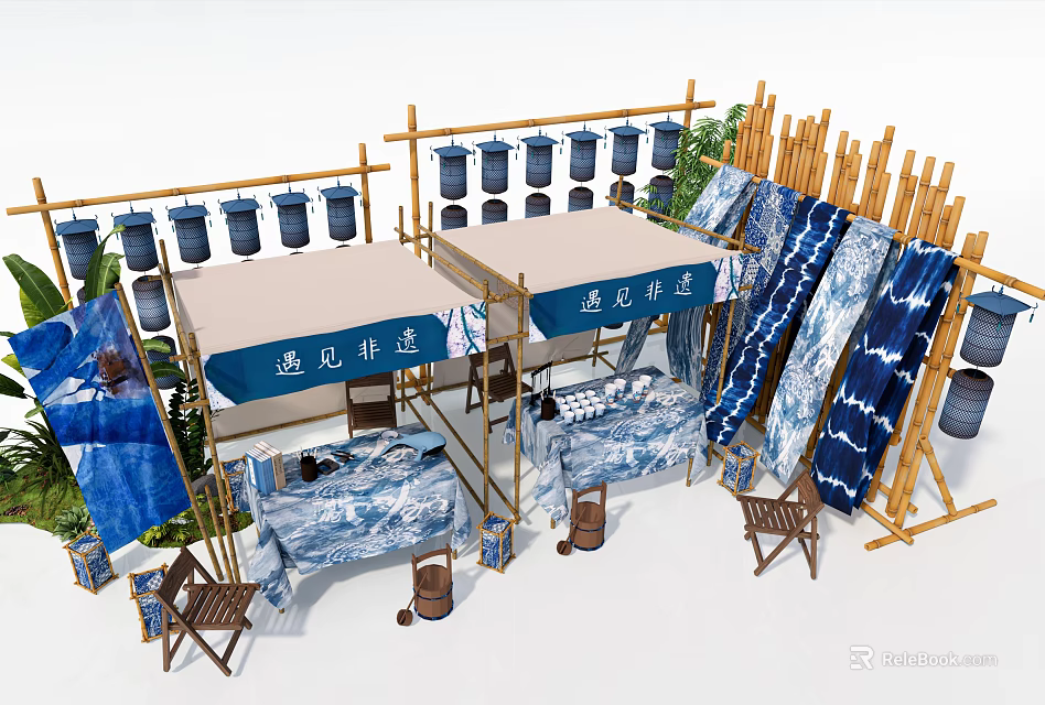 Commercial Outdoor Setup With Bamboo Structures Blue Fabric Wooden Barrels and Chairs 3d model 