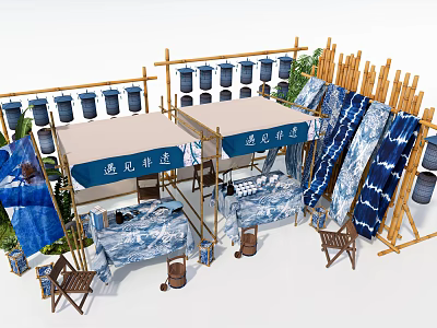 Commercial Outdoor Setup With Bamboo Structures Blue Fabric Wooden Barrels and Chairs 3d model