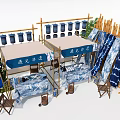 Commercial Outdoor Setup With Bamboo Structures Blue Fabric Wooden Barrels and Chairs