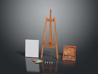 Professional Painting Equipment With Wooden Easel Canvas Paint Box Palette And Brushes 3d model