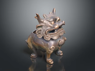 Traditional Chinese Qilin Decorative Statue With Intricate Brass Carvings And Coiled Patterns 3d model